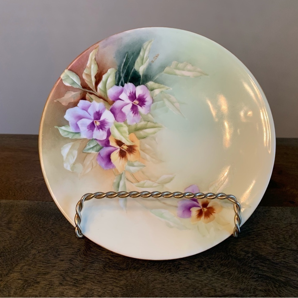 JPL France Decorative Plate Handpainted Pansies Signed Made in France Vintage